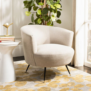 Safavieh Arlette Mid Century Accent Chair - Elegant Retro Tub Design With Gold-Capped Legs For Modern Luxury Light Grey Linen FOX6257C