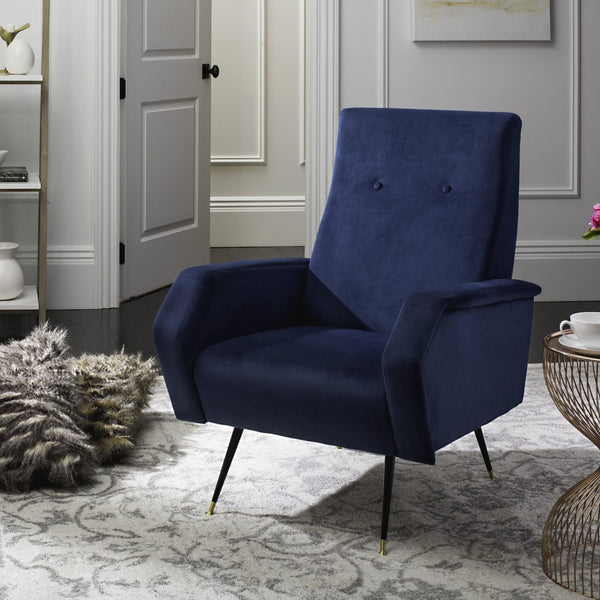 Safavieh Aida Velvet Retro Accent Chair – Mid-Century Modern Design With Plush Upholstery And Gold Accents Navy FOX6258C