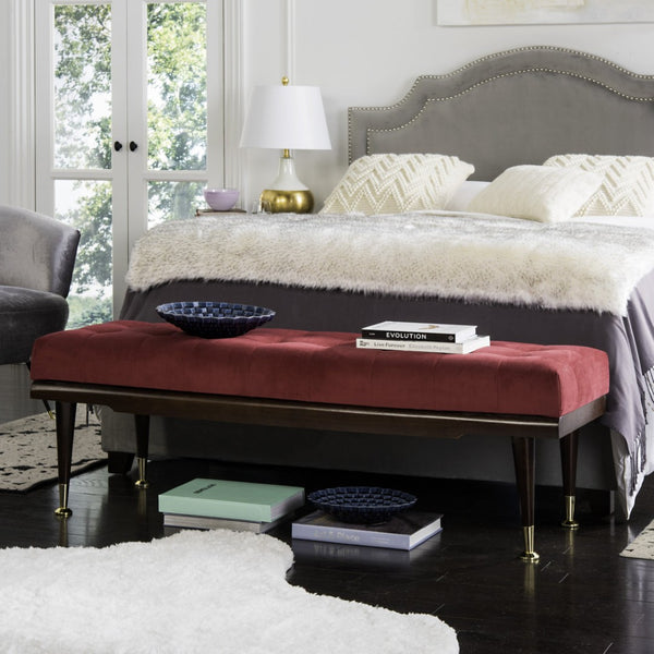 Safavieh Elita Luxurious Velvet Gold-Capped Bench – Chic Maroon Upholstery For Entryways, Bedrooms & Living Rooms FOX6259A