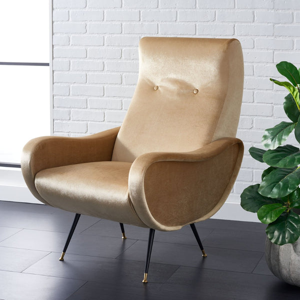 Safavieh Elicia Elegant Mid-Century Accent Chair With Gold-Capped Legs For Stylish Living Spaces And Comfort Camel Velvet FOX6260B