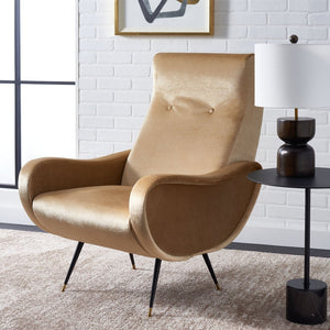 Safavieh Elicia Elegant Mid-Century Accent Chair With Gold-Capped Legs For Stylish Living Spaces And Comfort Camel Velvet FOX6260B