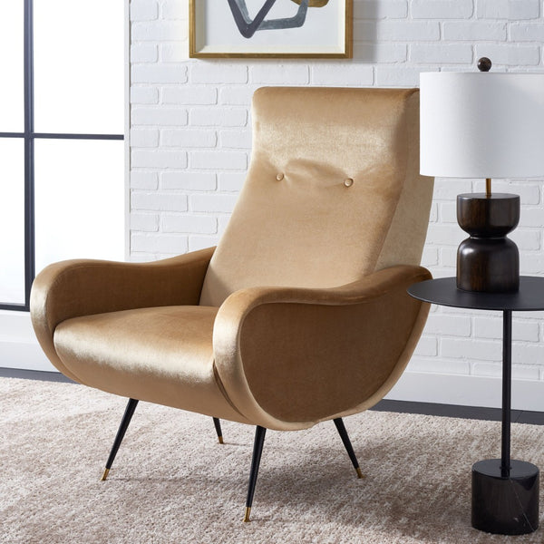 Safavieh Elicia Elegant Mid-Century Accent Chair With Gold-Capped Legs For Stylish Living Spaces And Comfort Camel Velvet FOX6260B