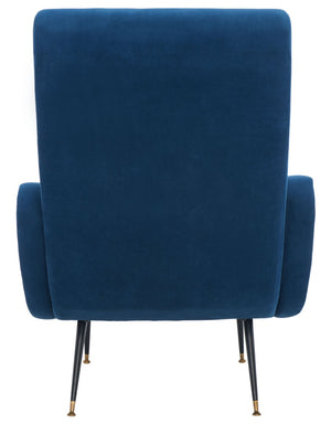 Safavieh Elicia Elegant Mid-Century Accent Chair With Gold-Capped Legs For Stylish Living Spaces And Comfort Navy Velvet FOX6260C