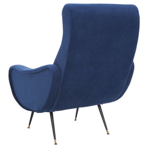 Safavieh Elicia Elegant Mid-Century Accent Chair With Gold-Capped Legs For Stylish Living Spaces And Comfort Navy Velvet FOX6260C