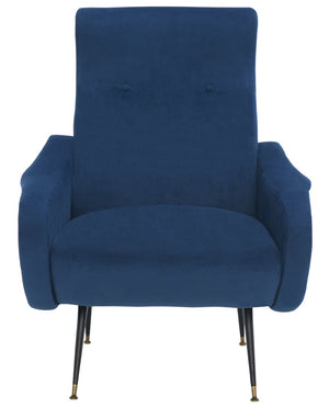 Safavieh Elicia Elegant Mid-Century Accent Chair With Gold-Capped Legs For Stylish Living Spaces And Comfort Navy Velvet FOX6260C