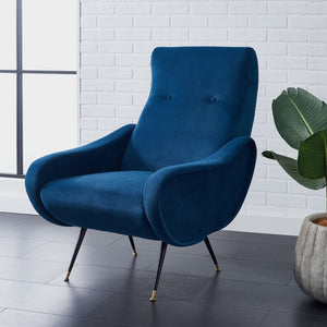 Safavieh Elicia Elegant Mid-Century Accent Chair With Gold-Capped Legs For Stylish Living Spaces And Comfort Navy Velvet FOX6260C