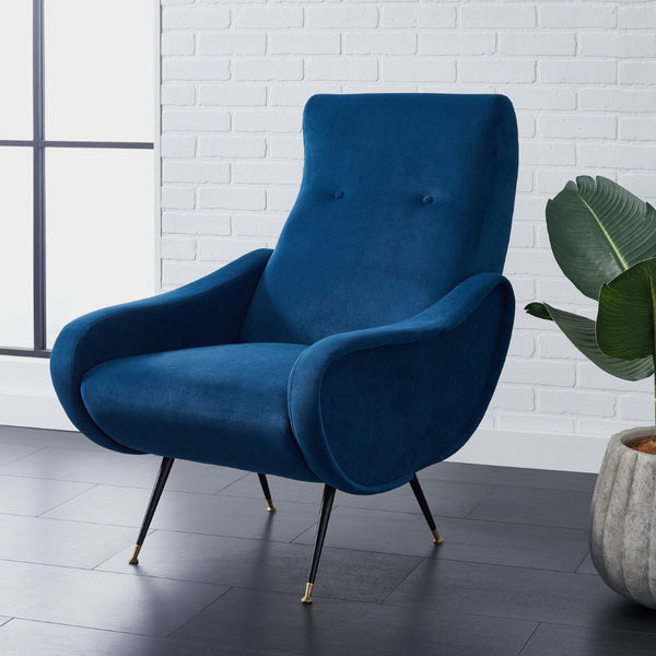 Safavieh Elicia Elegant Mid-Century Accent Chair With Gold-Capped Legs For Stylish Living Spaces And Comfort Navy Velvet FOX6260C