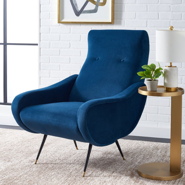 Safavieh Elicia Elegant Mid-Century Accent Chair With Gold-Capped Legs For Stylish Living Spaces And Comfort Navy Velvet FOX6260C