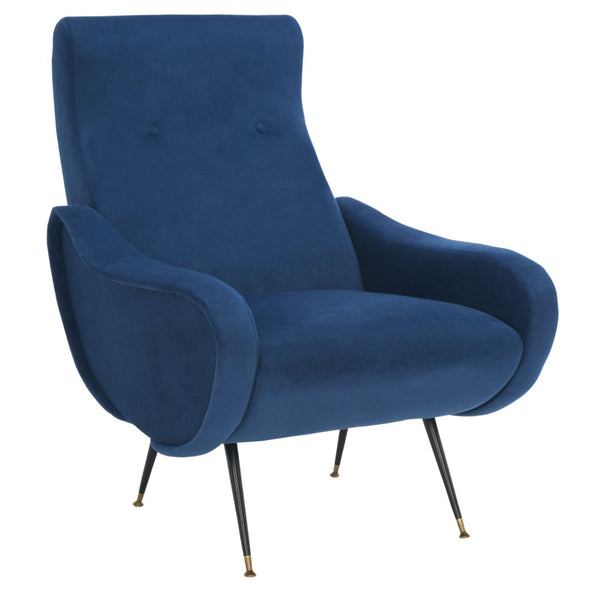 Safavieh Elicia Elegant Mid-Century Accent Chair With Gold-Capped Legs For Stylish Living Spaces And Comfort Navy Velvet FOX6260C
