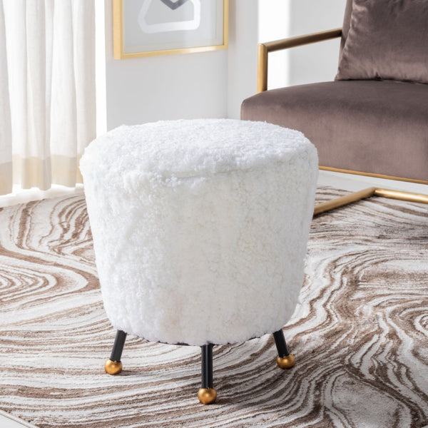 Safavieh Oriana Retro Sheepskin Ottoman - Chic Vintage Glamour With Gold-Capped Legs For Modern Spaces Beige FOX6261A
