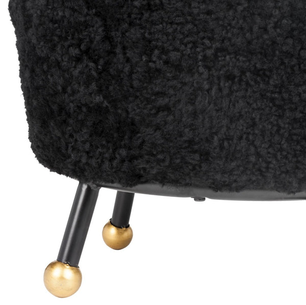Safavieh Oriana Retro Sheepskin Ottoman - Chic Vintage Glamour With Gold-Capped Legs For Modern Spaces Black FOX6261B