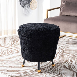 Safavieh Oriana Retro Sheepskin Ottoman - Chic Vintage Glamour With Gold-Capped Legs For Modern Spaces Black FOX6261B