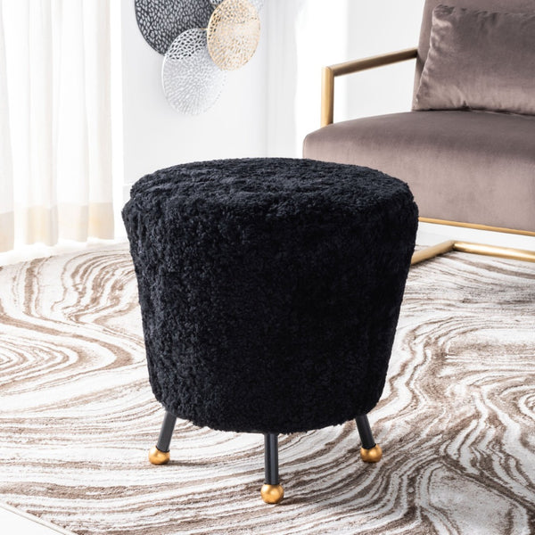 Safavieh Oriana Retro Sheepskin Ottoman - Chic Vintage Glamour With Gold-Capped Legs For Modern Spaces Black FOX6261B