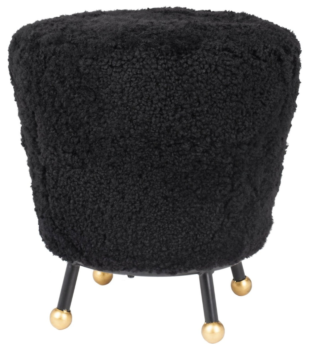 Safavieh Oriana Retro Sheepskin Ottoman - Chic Vintage Glamour With Gold-Capped Legs For Modern Spaces Black FOX6261B