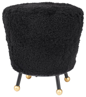 Safavieh Oriana Retro Sheepskin Ottoman - Chic Vintage Glamour With Gold-Capped Legs For Modern Spaces Black FOX6261B