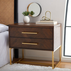 Safavieh Estelle Nightstand - Contemporary Oak Storage Table With Brass Accents For Modern Bedrooms & Decor Walnut FOX6262D