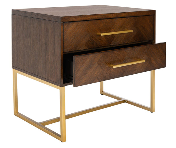 Safavieh Estelle Nightstand - Contemporary Oak Storage Table With Brass Accents For Modern Bedrooms & Decor Walnut FOX6262D