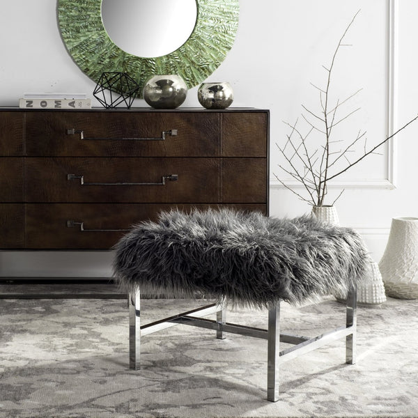 Safavieh Horace Luxurious Faux Sheepskin Square Bench With Polished Chrome Base – Versatile Accent Seating FOX6266A
