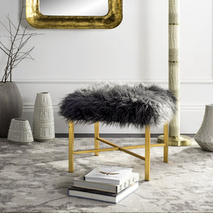 Safavieh Horace Faux Sheepskin X-Square Bench - Chic Gold Foil Base & Plush Grey Upholstery For Any Space FOX6267A
