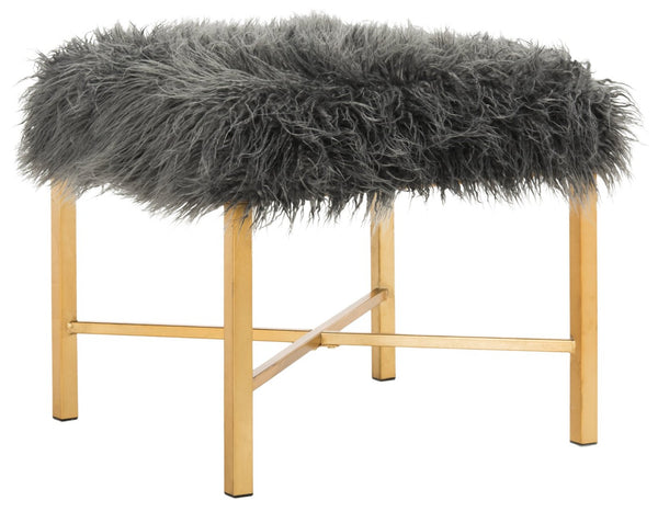 Safavieh Horace Faux Sheepskin X-Square Bench - Chic Gold Foil Base & Plush Grey Upholstery For Any Space FOX6267A