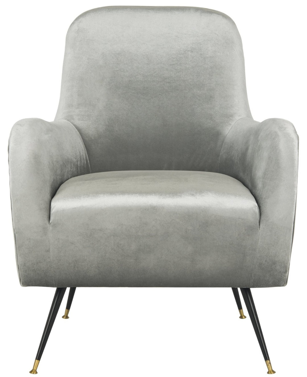 Safavieh Noelle Chic Light Grey Velvet Mid Century Accent Chair With Gold-Capped Legs For Stylish Spaces FOX6269A