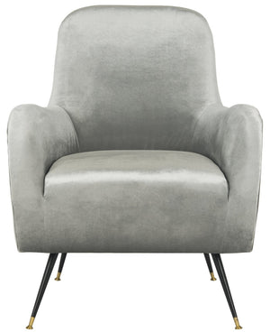 Safavieh Noelle Chic Light Grey Velvet Mid Century Accent Chair With Gold-Capped Legs For Stylish Spaces FOX6269A