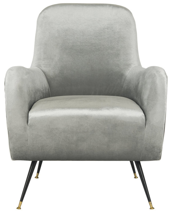 Safavieh Noelle Chic Light Grey Velvet Mid Century Accent Chair With Gold-Capped Legs For Stylish Spaces FOX6269A