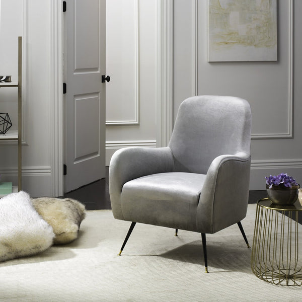 Safavieh Noelle Chic Light Grey Velvet Mid Century Accent Chair With Gold-Capped Legs For Stylish Spaces FOX6269A