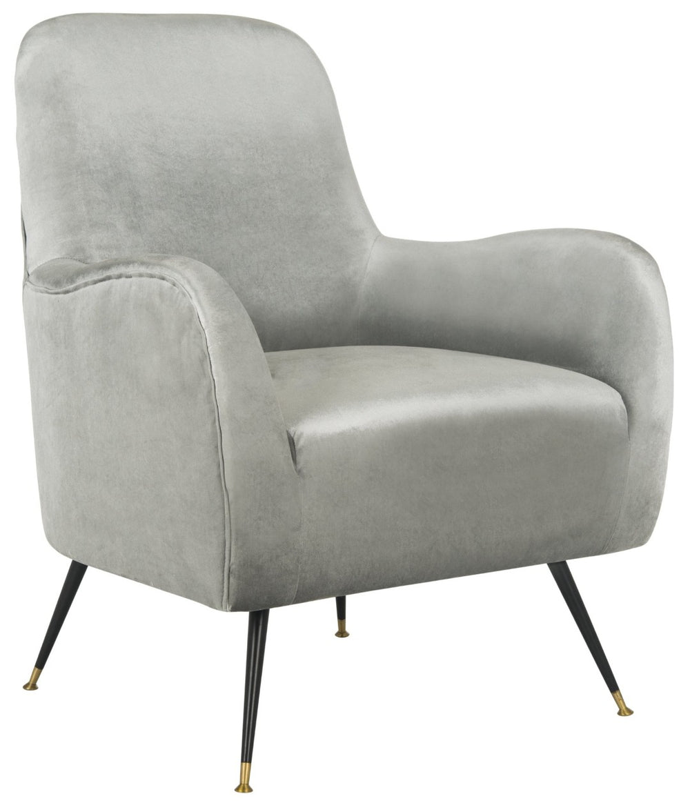 Safavieh Noelle Chic Light Grey Velvet Mid Century Accent Chair With Gold-Capped Legs For Stylish Spaces FOX6269A