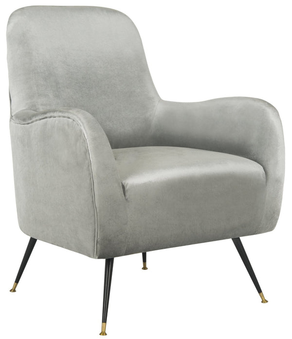 Safavieh Noelle Chic Light Grey Velvet Mid Century Accent Chair With Gold-Capped Legs For Stylish Spaces FOX6269A