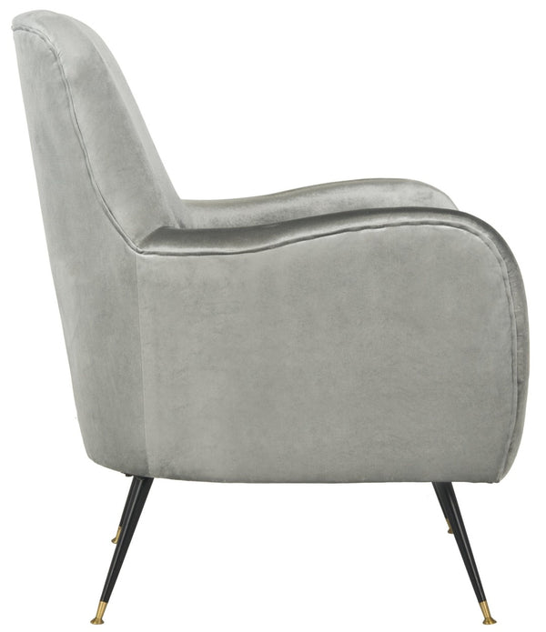 Safavieh Noelle Chic Light Grey Velvet Mid Century Accent Chair With Gold-Capped Legs For Stylish Spaces FOX6269A