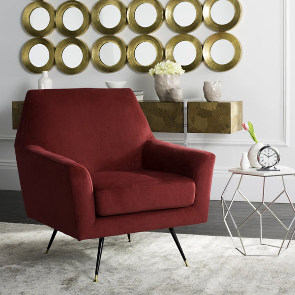 Safavieh Nynette Retro Mid-Century Accent Chair In Luxurious Maroon Velvet With Gold-Capped Legs For Style FOX6270A