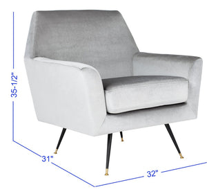 Safavieh Nynette Luxurious Light Grey Velvet Retro Mid-Century Accent Chair With Gold-Capped Legs FOX6270B