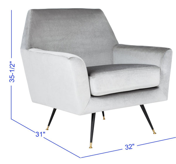 Safavieh Nynette Luxurious Light Grey Velvet Retro Mid-Century Accent Chair With Gold-Capped Legs FOX6270B
