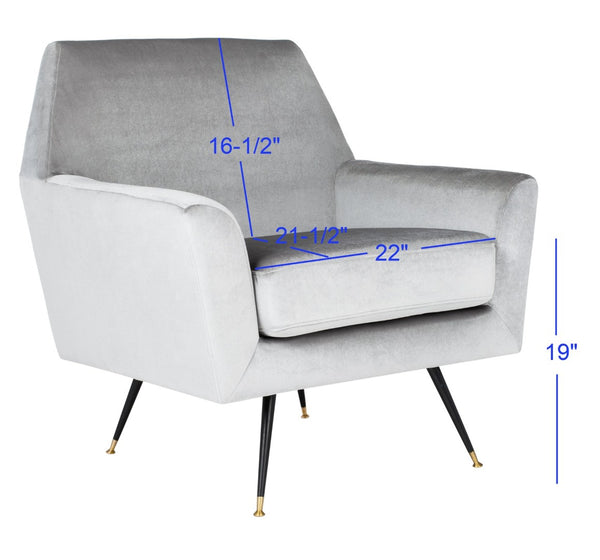 Safavieh Nynette Luxurious Light Grey Velvet Retro Mid-Century Accent Chair With Gold-Capped Legs FOX6270B