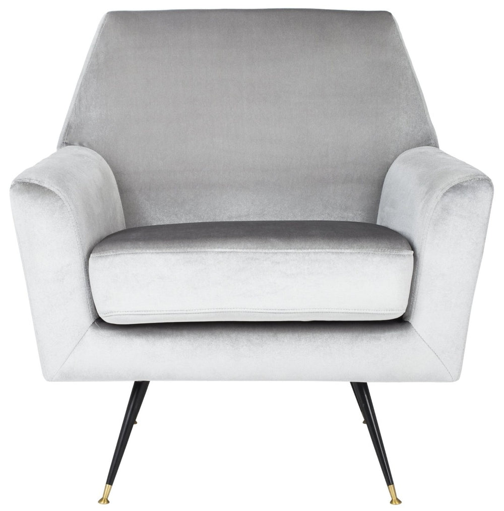 Safavieh Nynette Luxurious Light Grey Velvet Retro Mid-Century Accent Chair With Gold-Capped Legs FOX6270B
