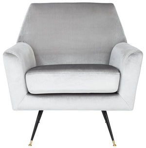 Safavieh Nynette Luxurious Light Grey Velvet Retro Mid-Century Accent Chair With Gold-Capped Legs FOX6270B