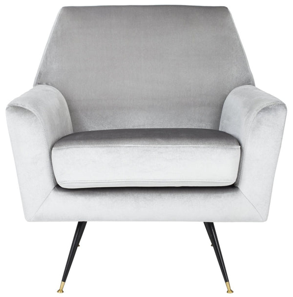Safavieh Nynette Luxurious Light Grey Velvet Retro Mid-Century Accent Chair With Gold-Capped Legs FOX6270B