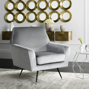 Safavieh Nynette Luxurious Light Grey Velvet Retro Mid-Century Accent Chair With Gold-Capped Legs FOX6270B