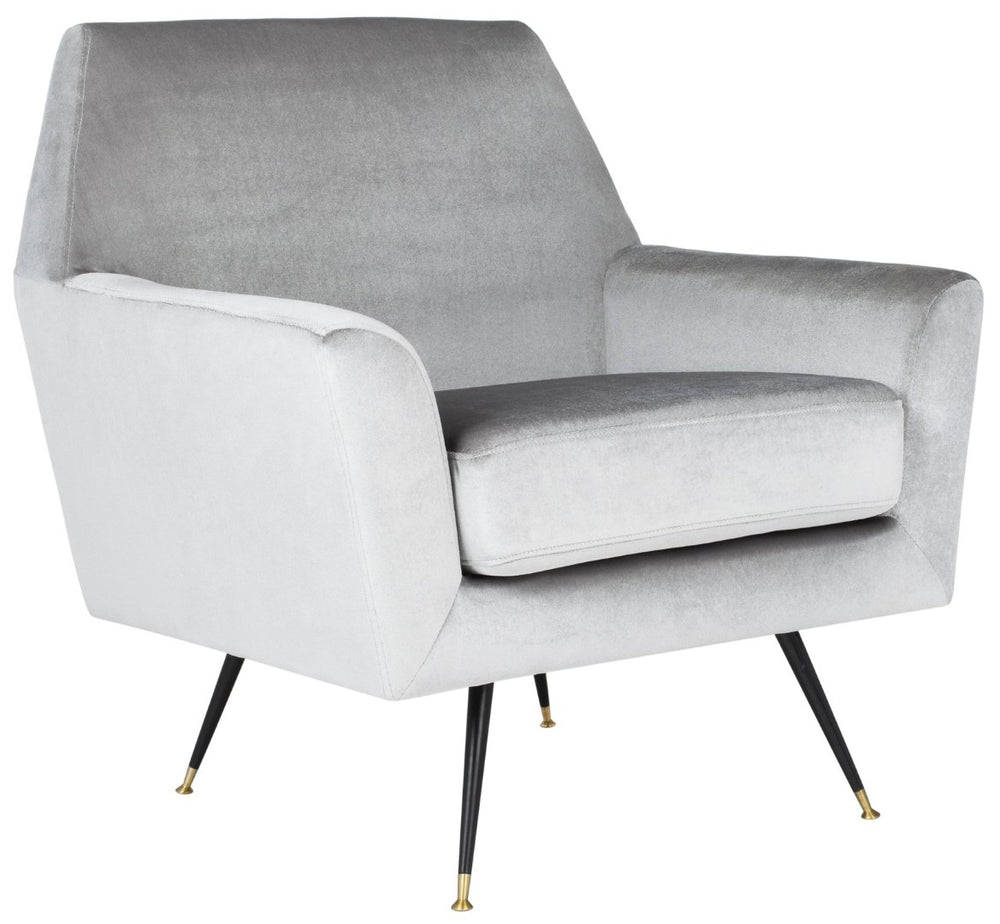 Safavieh Nynette Luxurious Light Grey Velvet Retro Mid-Century Accent Chair With Gold-Capped Legs FOX6270B