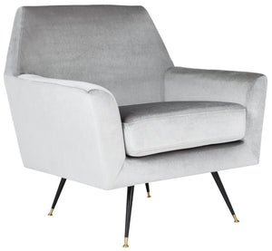 Safavieh Nynette Luxurious Light Grey Velvet Retro Mid-Century Accent Chair With Gold-Capped Legs FOX6270B