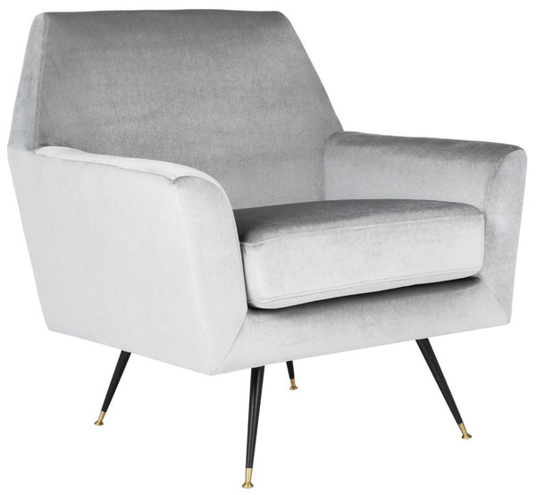 Safavieh Nynette Luxurious Light Grey Velvet Retro Mid-Century Accent Chair With Gold-Capped Legs FOX6270B