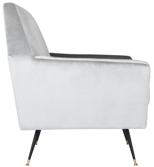 Safavieh Nynette Luxurious Light Grey Velvet Retro Mid-Century Accent Chair With Gold-Capped Legs FOX6270B