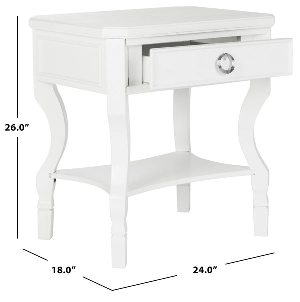 Safavieh Alaia Modern Nightstand With Elegant Curved Legs And Chic Silver Hardware For Timeless Bedroom Style White FOX6275A
