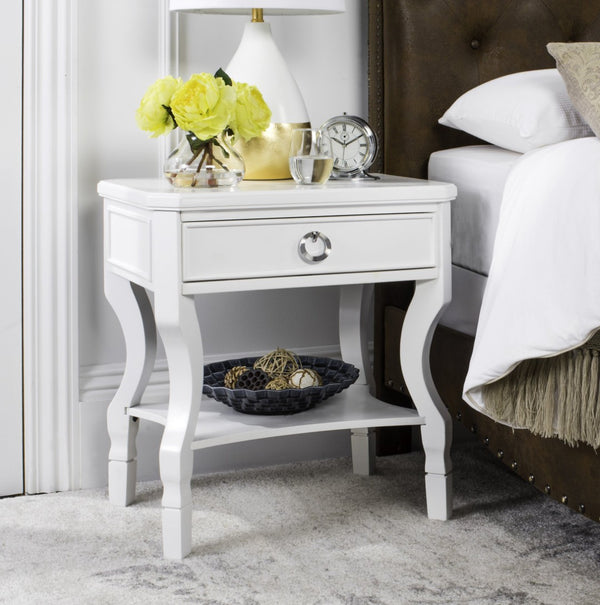 Safavieh Alaia Modern Nightstand With Elegant Curved Legs And Chic Silver Hardware For Timeless Bedroom Style White FOX6275A
