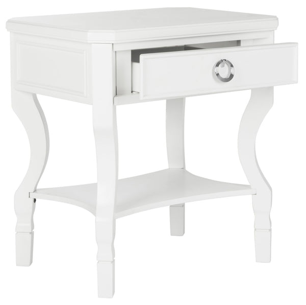 Safavieh Alaia Modern Nightstand With Elegant Curved Legs And Chic Silver Hardware For Timeless Bedroom Style White FOX6275A