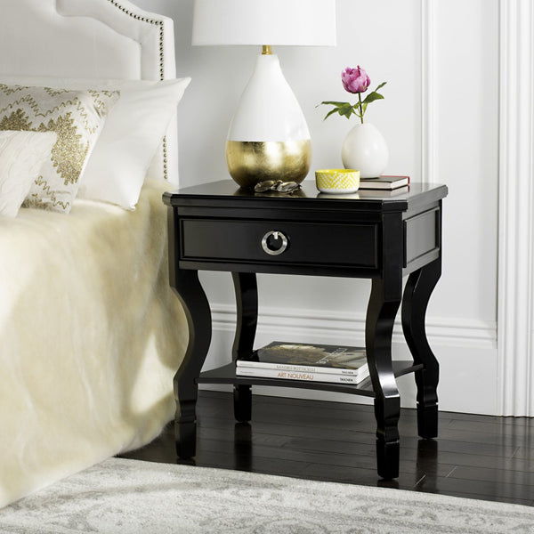 Safavieh Alaia Modern Nightstand With Elegant Curved Legs And Chic Silver Hardware For Timeless Bedroom Style Black FOX6275B