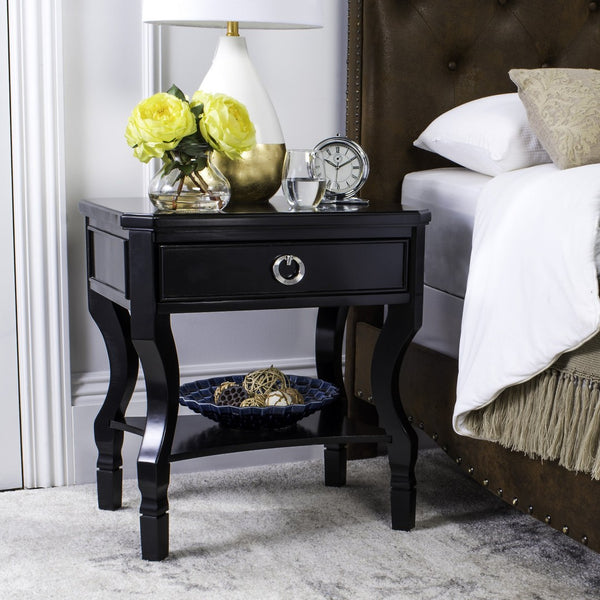 Safavieh Alaia Modern Nightstand With Elegant Curved Legs And Chic Silver Hardware For Timeless Bedroom Style Black FOX6275B