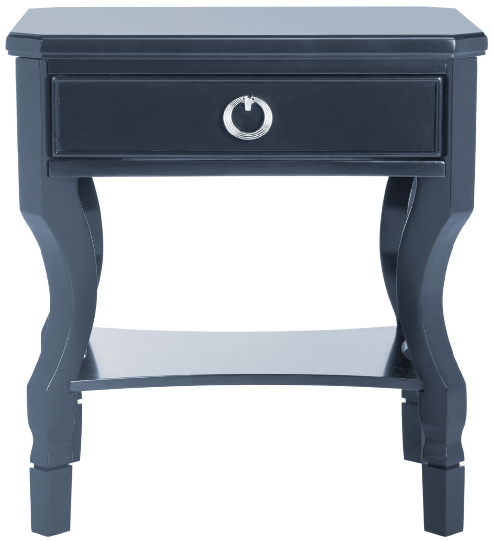 Safavieh Alaia Modern Nightstand With Elegant Curved Legs And Chic Silver Hardware For Timeless Bedroom Style Navy FOX6275D