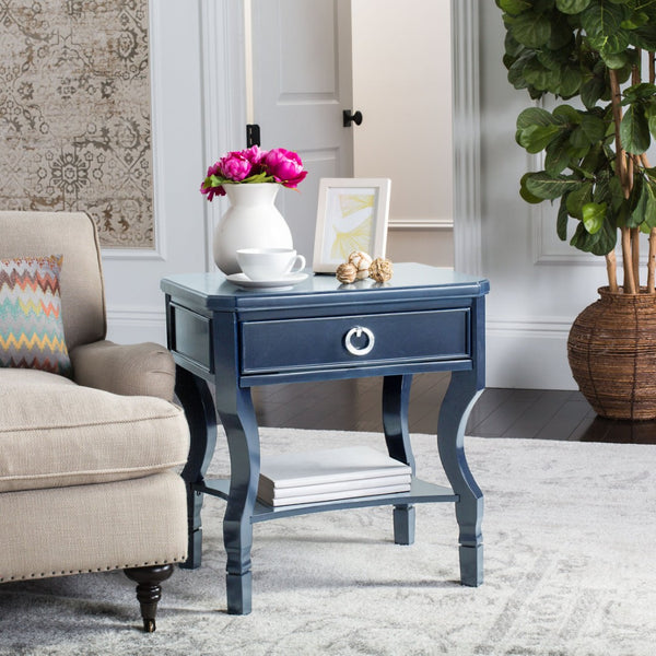 Safavieh Alaia Modern Nightstand With Elegant Curved Legs And Chic Silver Hardware For Timeless Bedroom Style Navy FOX6275D